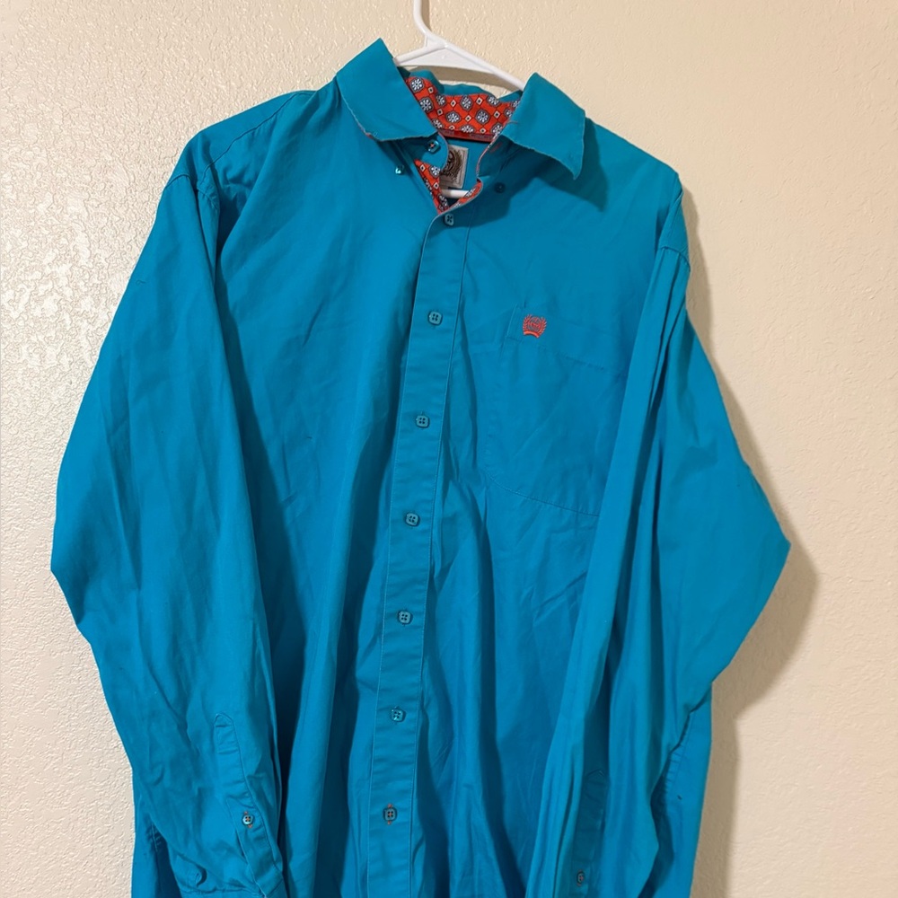 CINCH Mens M Shirt Button Down Long Sleeve Teal Orange Pattern